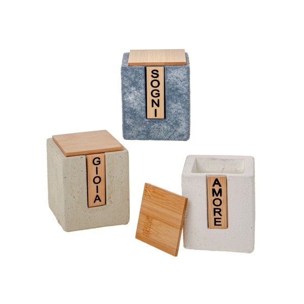 P/candela con coperchio e scritta legno.ASS.3 MIS.7X H.8,5CM