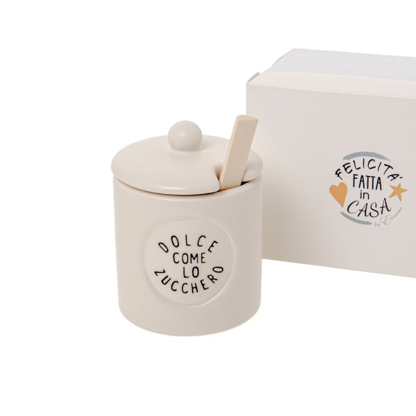 Zuccheriera ceramica H 10 CM con cucchiaio,scatola compresa.