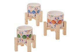 P/Piante in ceramica con base legno.ASS.3 H.13,5CM