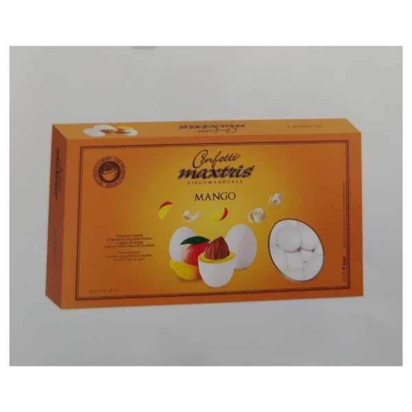 Mandorla tostata ricoperta da cioccolato bianco al gusto mango e da un sottile strato di zucchero.GR.1000
