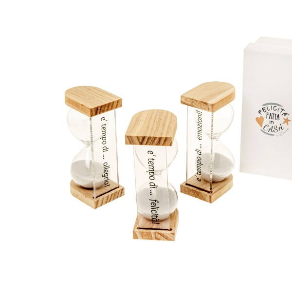 Clessidra su base legno /plexi con scritta scatola compresa.ASS.3 H.11,5cm