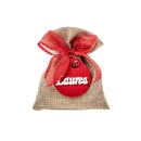 Sacchetto tessuto grezzo con applicazione legno LAUREA e fiocco rosso.MIS.10X12CM