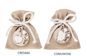Sacchetto tessuto grezzo,cordoncino bianco,applicazione legno e gesso.MIS.10X12CM