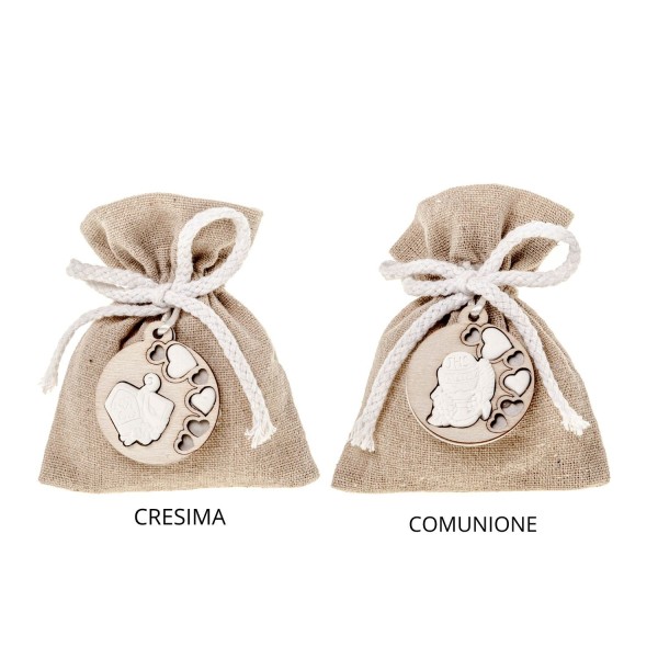 Sacchetto tessuto grezzo,cordoncino bianco,applicazione legno e gesso.MIS.10X12CM