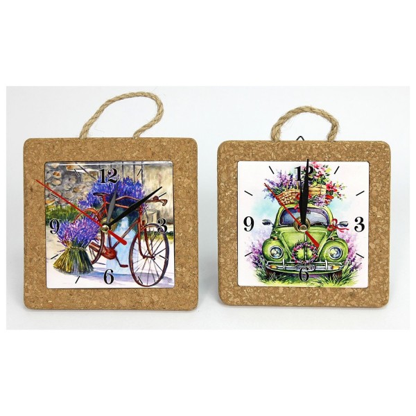 Orologio ceramica e sughero da appoggio e da appendere.ASS.2 MIS.15X15CM