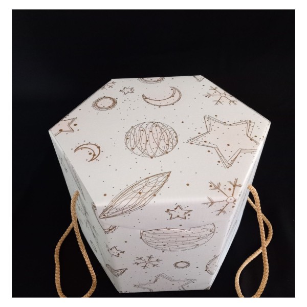Scatola esagonale cartoncino  decoro universo e manici corda.MIS.21X21 H21CM