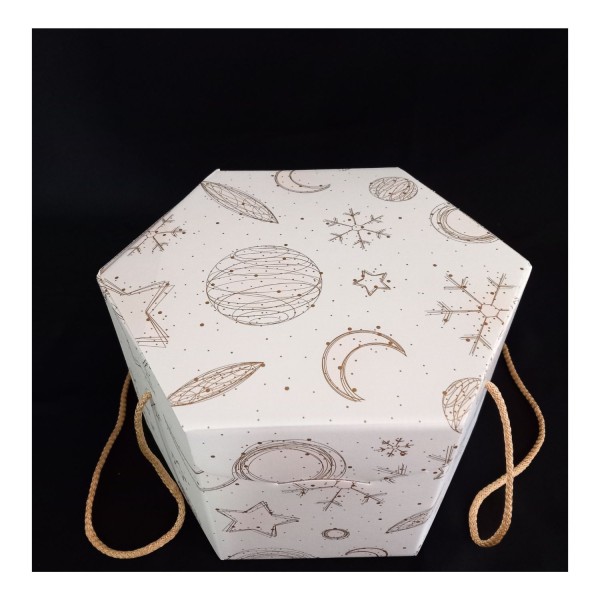 Scatola esagonale cartoncino  decoro universo e manici corda.MIS.24,5X24,5 H18CM