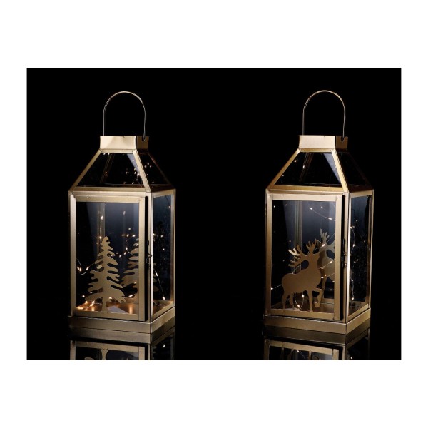 Lanterna metallo con luci LED soggetti natalizi.ASS.2 MIS.17X18 H37CM