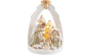 Sacra famiglia in porcellana con luce LED.MIS.13X10 H 20CM