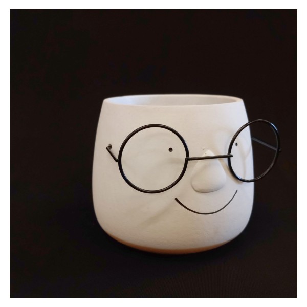 Portavaso ceramica opaca,viso con occhiali.DIAM.12 H13CM