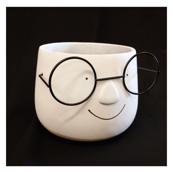 Portavaso ceramica opaca,viso con occhiali.DIAM.17 H15CM