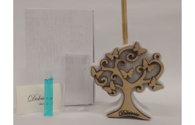 Profumatore in resina con albero legno.Scatola,bastoncini ,portaconfetti in pvc e profumino compresi.MIS.7X7,5CM