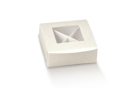 Scatola  in cartoncino con divisorio e finestrella.Colore seta bianco.Mis.8x8 H3cm