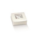 Scatola  in cartoncino con divisorio e finestrella.Colore seta bianco.Mis.8x8 H3cm