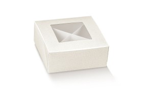 Scatola in cartoncino con divisorio e finestrella. Colore seta bianco.Mis.10x10 H4cm