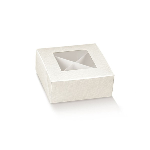 Scatola in cartoncino con divisorio e finestrella. Colore seta bianco.Mis.10x10 H4cm