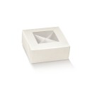 Scatola in cartoncino con divisorio e finestrella. Colore seta bianco.Mis.10x10 H4cm