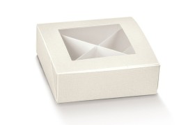 Scatola in cartoncino con divisorio e finestrella. Colore seta bianco.Mis.12x12 H4cm