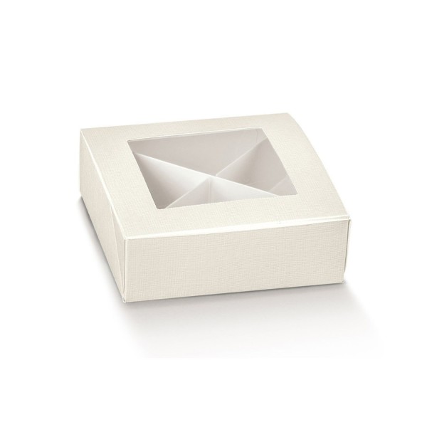Scatola in cartoncino con divisorio e finestrella. Colore seta bianco.Mis.12x12 H4cm