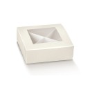 Scatola in cartoncino con divisorio e finestrella. Colore seta bianco.Mis.12x12 H4cm