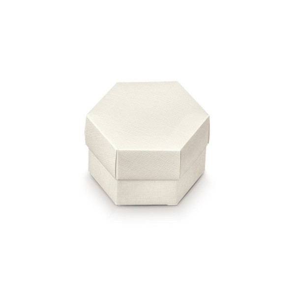 Scatola esagonale in cartoncino, fondo e coperchio , colore seta bianco.Mis.8x5,5cm