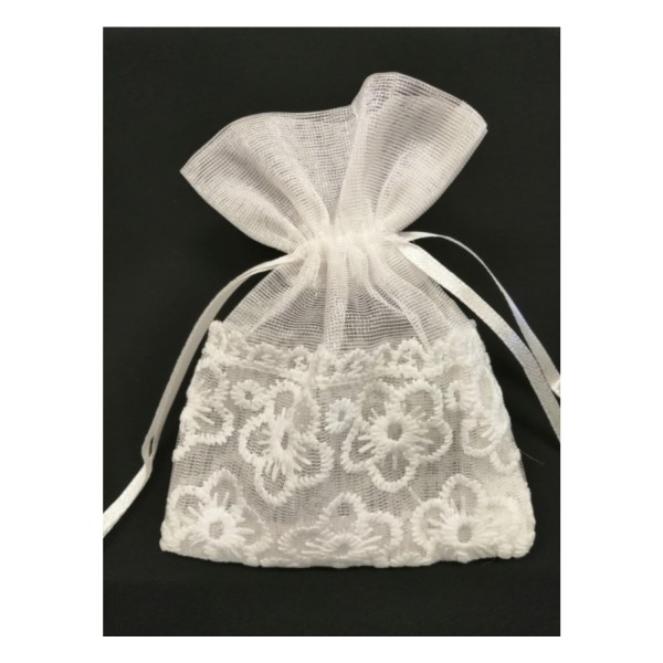 Sacchetto velo avorio con ricamo fiore.MIS.10X13CM