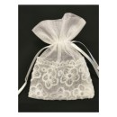 Sacchetto velo avorio con ricamo fiore.MIS.10X13CM