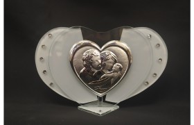Icona vetro cuore, sacra famiglia con strass.MIS.16X H10CM