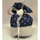 Sacchetto cotone blu con applicazione cuore gesso,base tonda.DIAM 8CM H13CM