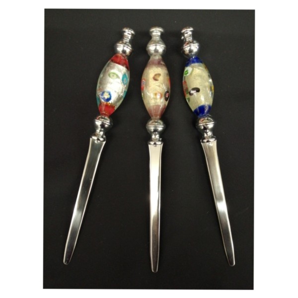 Tagliacarte metallo, manico vetro con murrine,colori assortiti.H 19CM