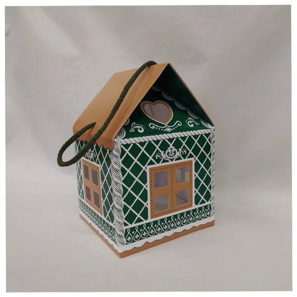 Scatola casetta cartoncino con manico corda.MIS.12X12 H14CM