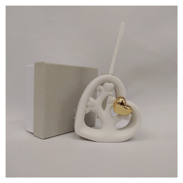 Profumatore resina opaca con cuore oro,bastoncini e scatola compresi.MIS.9X9 CM
