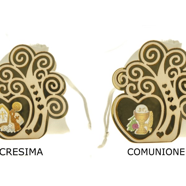 Scatolina albero legno con sacchetto e decoro sacro.H9CM