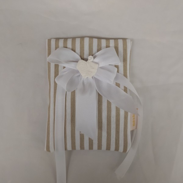 Sacchetto tessuto a righe con applicazione CRESIMA e fiocco gros grein.MIS.10X13 CM
