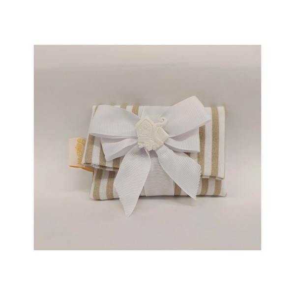 Bustina tessuto a righe con applicazione gesso CRESIMA e fiocco gros grein.MIS.10X8 CM