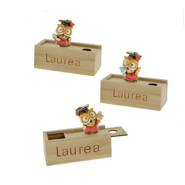 Gufo laurea in resina su box legno.ASS.3 MIS.11XH8cm