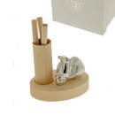 Vespa in resina argentata conportapenne su base legno,scatola compresa.MIS.8X H10CM