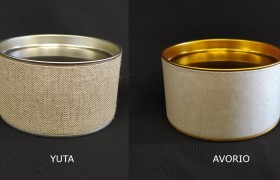 Scatola di cartone rivestita con fondo e coperchio metallo.DIAM.10X H5,5CM