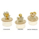 Scatola plexi con inserto legno e immagini resina dorata.H.8CM