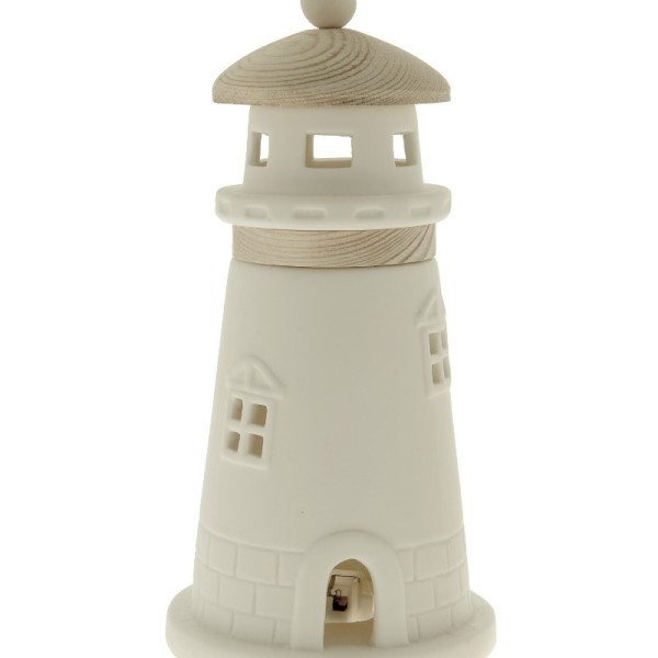 Faro in porcellana e inserti legno con led.H27CM