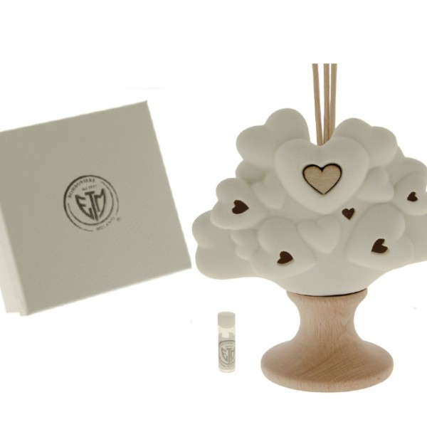 Diffusore porcellana albero con base legno e led.Compreso di bastoncini,profumino e scatola.MIS.14XH17CM