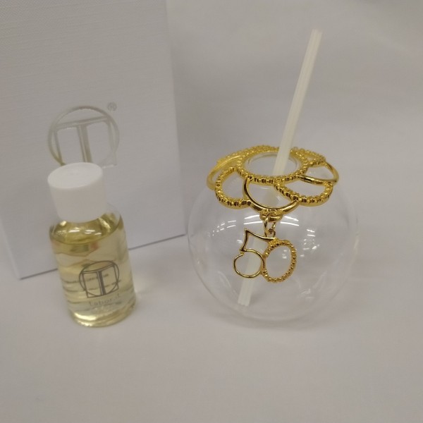 Profumatore vetro con applicazioni in ottone bagno argento.MIS:8x8CM.Compreso di scatola,bastoncini e profumo.MADE IN ITALY