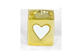 Portacandela porcellana oro con cuore bianco.MIS.6x6H7 CM