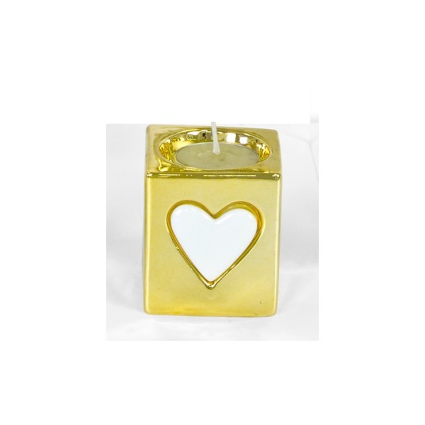 Portacandela porcellana oro con cuore bianco.MIS.6x6H7 CM