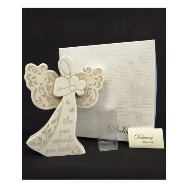 Angelo resina con dedica. Completo di scatola, certificato e scatola pvc. CM 10.5x8.5 MADE IN ITALY