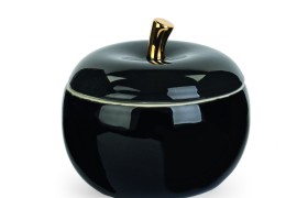 Scatola portagioie a forma di mela nera e oro. Diam. 11.5 H 10