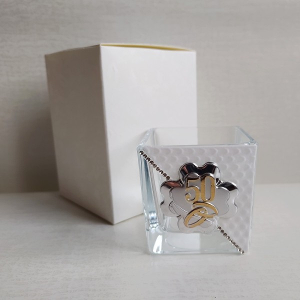 Vasetto vetro con decoro bianco strass e placca,scatola compresa.MIS.5,5x6cm