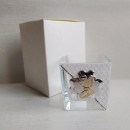 Vasetto vetro con decoro bianco strass e placca,scatola compresa.MIS.5,5x6cm
