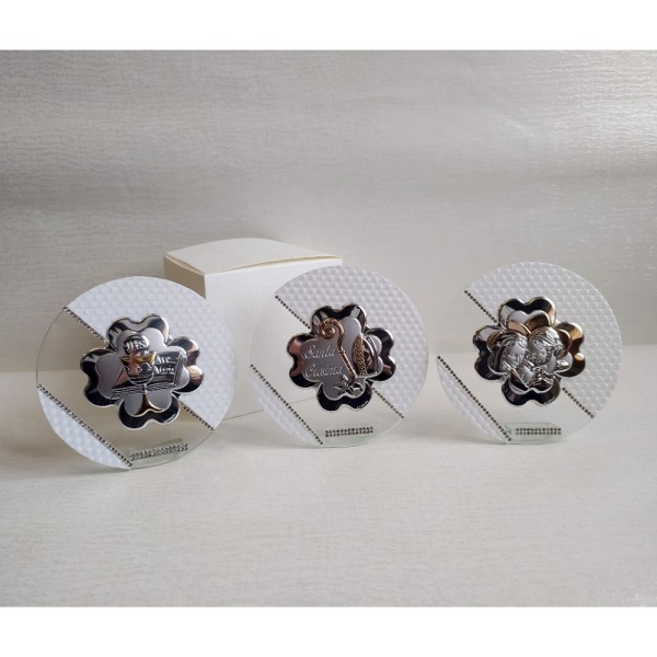 Icona vetro  decoro bianco, strass e placca in laminato,scatola compresa.DIAM.11cm