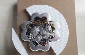 Icona vetro da appendere decoro bianco, strass e placca in laminato scatola compresa.DIAM.23cm